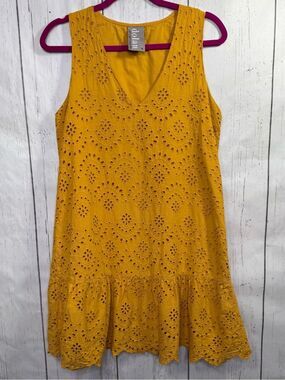 Dolan Mustard Eyelet Cotton Sleeveless Shift Dress Size L Boho Cottagecore M